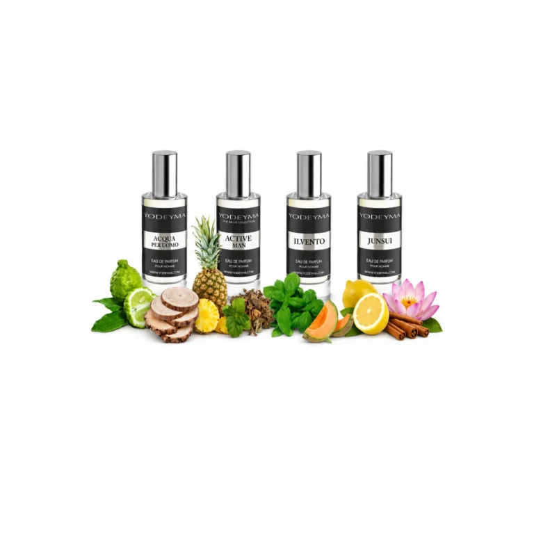 Set 4 parfumuri Yodeyma pentru barbati, Acqua per Uomo, Active Man, Ilvento si Junsui, de la prospetime acvatica si citrice energizante la acorduri lemnoase si orientale, 4x15ml, fara cutie