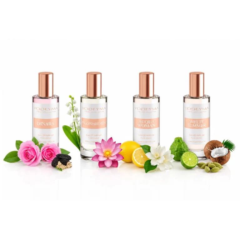 Set 4 parfumuri Yodeyma pentru femei, White Summer, Dinara, Transparencia si Acqua Woman, sofisticat, delicat, exotic si proaspat, note florale, lemnoase, dulci, orientale, 4x15ml, fara cutie