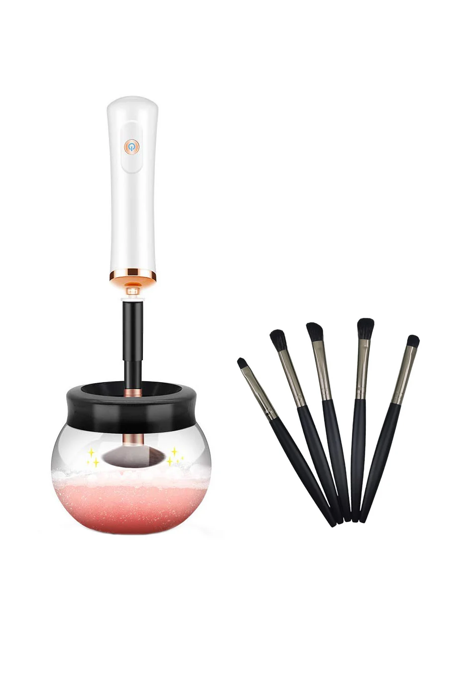 Set aparat electric pentru curatarea si uscarea pensulelor de machiaj CleanAndMake, cu 5 pensule si accesorii incluse, practic, negru/alb, Doty®️ – prezentarea produsului