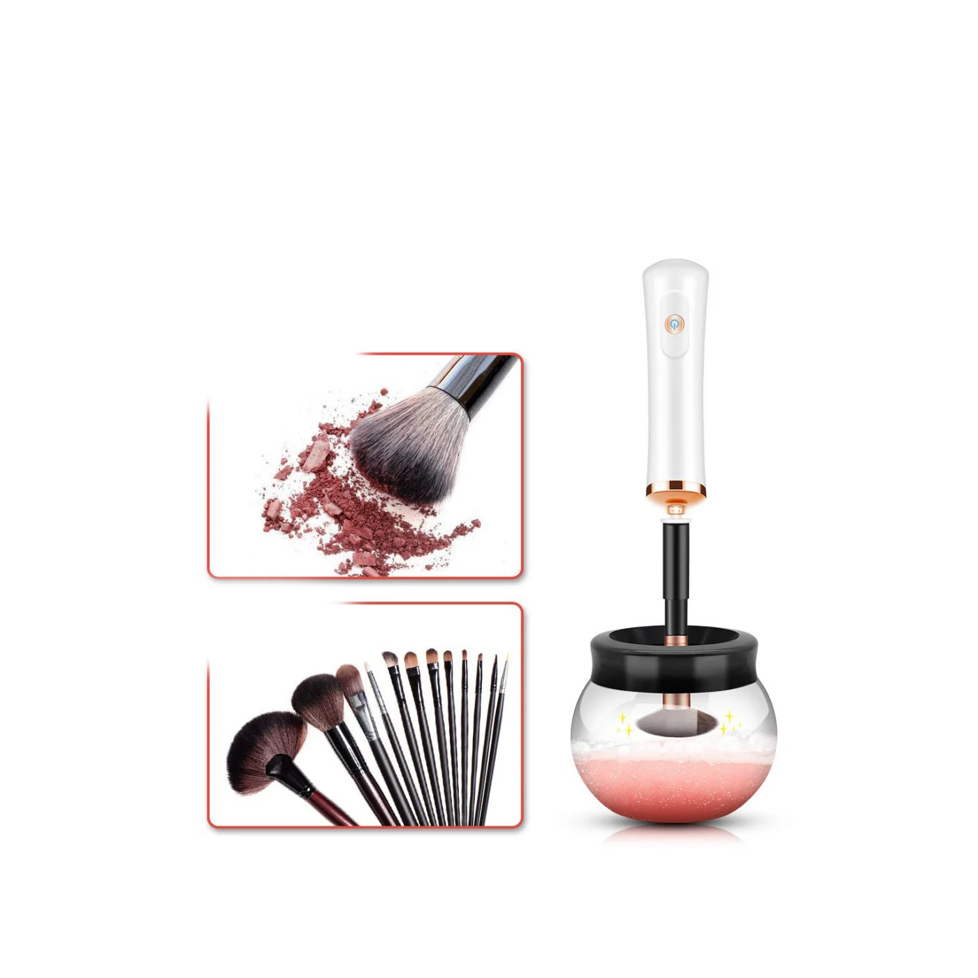 Set aparat electric pentru curatarea si uscarea pensulelor de machiaj CleanAndMake, cu 5 pensule si accesorii incluse, practic, negru/alb, Doty®️ – prezentarea produsului