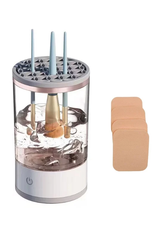 Set Dispozitiv electric pentru curatarea si uscarea pensulelor de machiaj Clean&Beauty Doty® si 4 bureti inclusi, USB inclus, spala mai multe pensule simulatan, cu ultrasunete, alb cu accente aurii