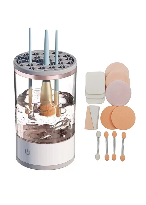 Set Dispozitiv electric pentru curatarea si uscarea pensulelor de machiaj Clean&Beauty Doty® si buretei inclusi, USB inclus, spala mai multe pensule simulatan, cu ultrasunete, alb cu accente aurii