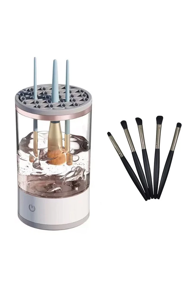 Set Dispozitiv electric pentru curatarea si uscarea pensulelor de machiaj Clean&Beauty Doty® si set pensule, USB inclus, spala mai multe pensule simulatan, cu ultrasunete, alb cu accente aurii