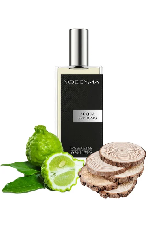 Yodeyma Acqua per Uomo Apa de parfum pentru barbati, nuante de bergamota, nota acvatica si lemn, pentru barbatul modern, energic si rafinat, 50ml – prezentarea produsului