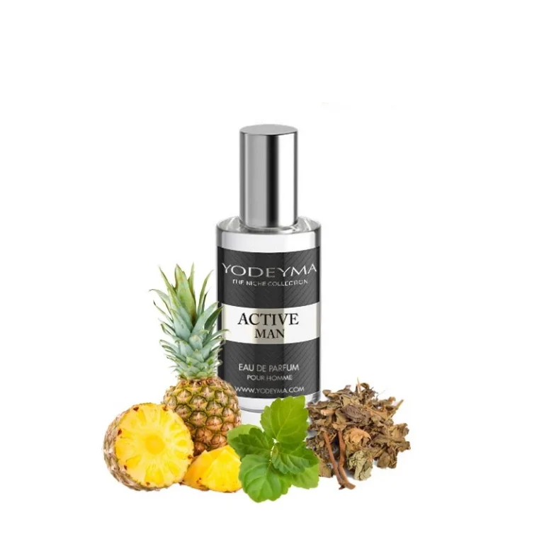 Yodeyma Active Man Apa de parfum pentru barbati, nuante de ananas, pachuli si lichen de prun, imbina armonios prospetimea vibranta cu note lemnoase si pamantii, 15ml