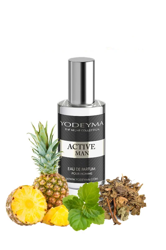 Yodeyma Active Man Apa de parfum pentru barbati, nuante de ananas, pachuli si lichen de prun, imbina armonios prospetimea vibranta cu note lemnoase si pamantii, 15ml – prezentarea produsului