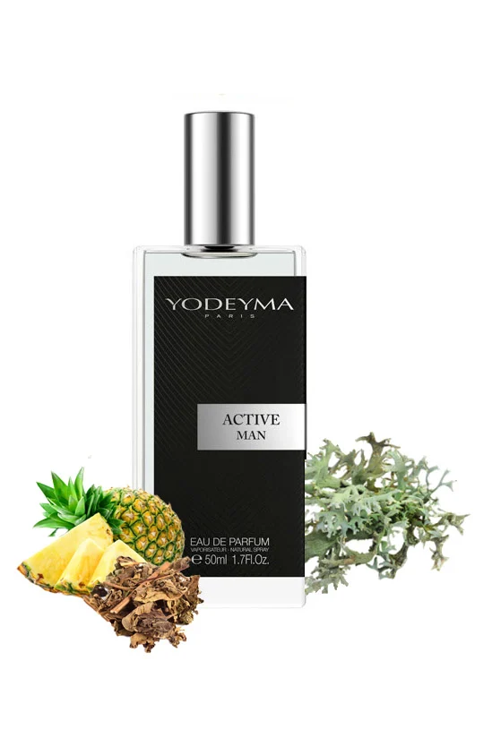 Yodeyma Active Man Apa de parfum pentru barbati, nuante de ananas, pachuli si lichen de prun, imbina armonios prospetimea vibranta cu note lemnoase si pamantii, 50ml – prezentarea produsului