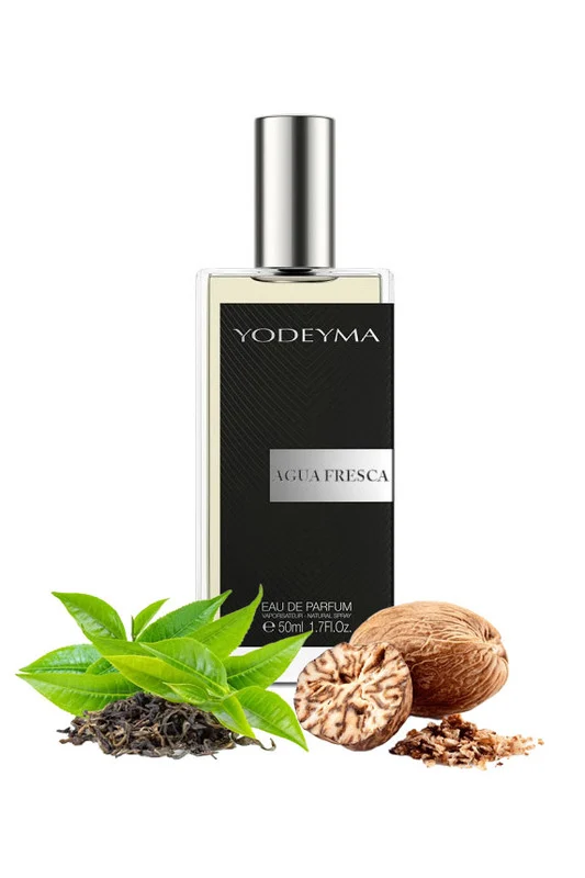 Yodeyma Agua Fresca Apa de parfum pentru barbati, nuante de ceai verde, nuca macinata si lichen de prun, combina prospetimea naturala cu accentele pamantii si o nota subtila de eleganta, 50ml – prezentarea produsului
