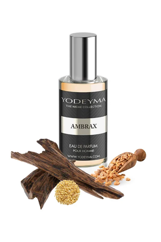Apa de parfum Yodeyma Ambrax pentru barbati, nuante de Lemn de agar, Rasina de benjoin si tamaie, este nota perfecta de masculinitate moderna, putere si rafinament, 15ml – prezentarea produsului