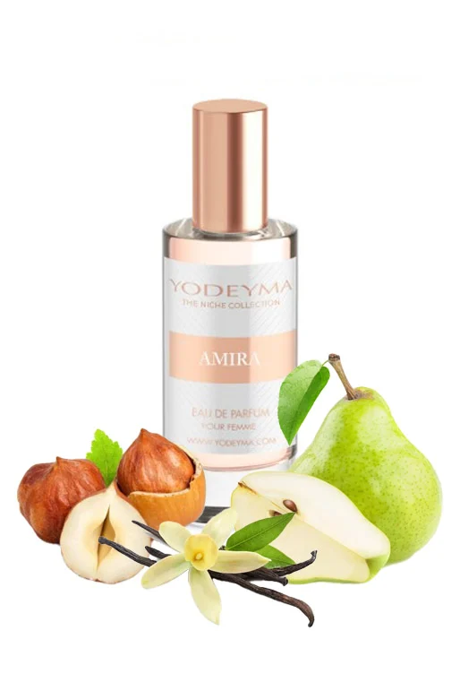 Yodeyma Amira Apa de parfum pentru femei, nuante de para, alune de padure si vanilie, creat pentru femeile care adora combinatiile dulci si sofisticate, 15ml – prezentarea produsului