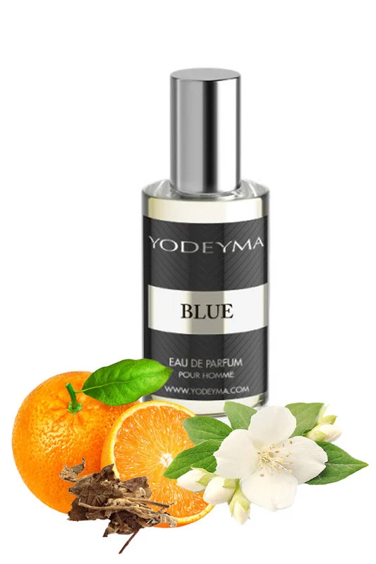 Yodeyma Blue Apa de parfum pentru barbati, nuante de portocala, iasomie si pachuli, pentru barbatul modern, carismatic si plin de stil, 15ml – prezentarea produsului