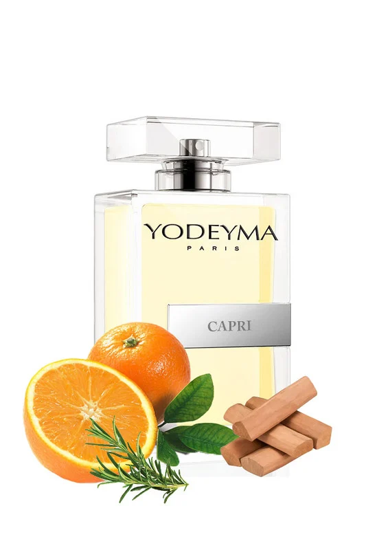 Yodeyma Capri Apa de parfum pentru barbati, nuante de portocala, rozmarin si Sándal, pentru barbatul modern, dinamic si sofisticat, 100ml – prezentarea produsului