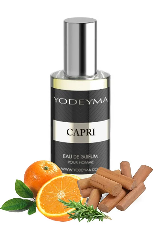 Yodeyma Capri Apa de parfum pentru barbati, nuante de portocala, rozmarin si Sándal, pentru barbatul modern, dinamic si sofisticat, 15ml – prezentarea produsului