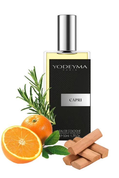 Yodeyma Capri Apa de parfum pentru barbati, nuante de portocala, rozmarin si Sándal, pentru barbatul modern, dinamic si sofisticat, 50ml – prezentarea produsului