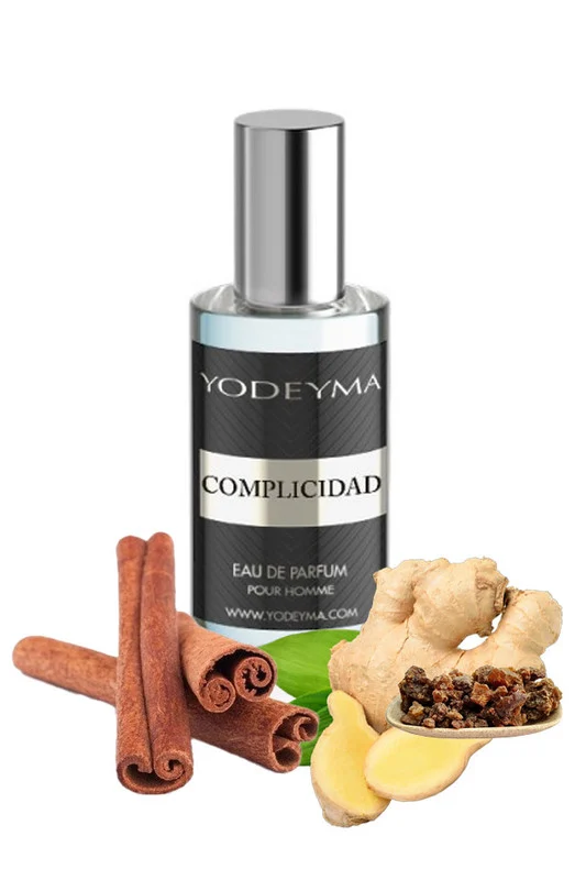 Yodeyma Complicidad Apa de parfum pentru barbati, nuante de ghimbir, scortisoara si smirna, pentru barbatul pasional si sofisticat, 15ml – prezentarea produsului