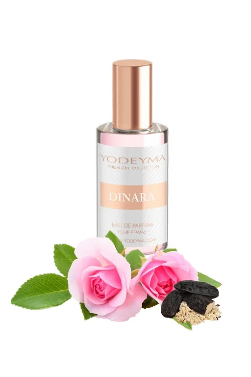 Yodeyma Dinara Apa de parfum pentru femei, nuante de trandafir, tonka si mosc, pentru femeia rafinata si sofisticata, 15ml – prezentarea produsului