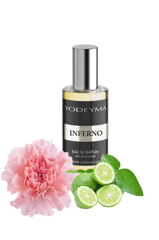 Apa de parfum Yodeyma Inferno pentru bărbați, bergamotă și piele, 15ml – prezentarea produsului