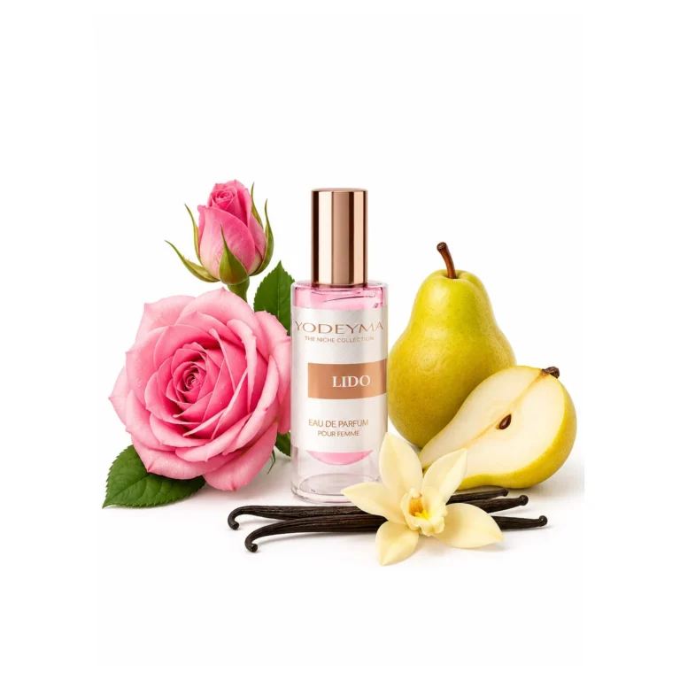 Apa de parfum Yodeyma Lido pentru femei, cu trandafir de Bulgaria, para si vanilie, feminitate moderna, combina prospetimea florala cu accentele dulci si senzuale, 15ml