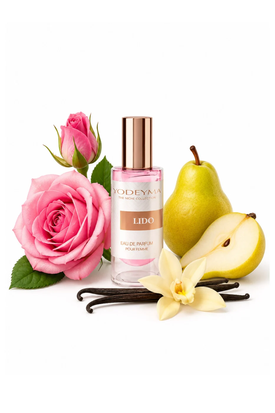 Apa de parfum Yodeyma Lido pentru femei, cu trandafir de Bulgaria, para si vanilie, feminitate moderna, combina prospetimea florala cu accentele dulci si senzuale, 15ml – prezentarea produsului