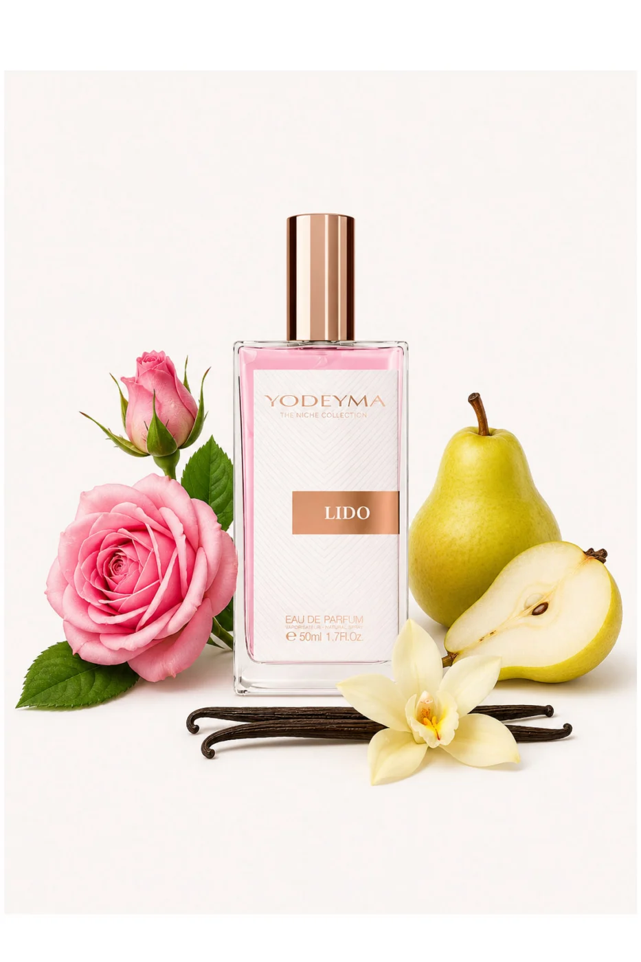 Apa de parfum Yodeyma Lido pentru femei, cu trandafir de Bulgaria, para si vanilie, feminitate moderna, combina prospetimea florala cu accentele dulci si senzuale, 50ml – prezentarea produsului