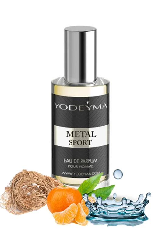 Yodeyma Metal Sport Apa de parfum pentru barbati, nuante de mandarina, nota acvatica si vetiver, pentru barbatul activ si dinamic, 15ml – prezentarea produsului