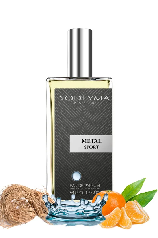 Yodeyma Metal Sport Apa de parfum pentru barbati, nuante de mandarina, nota acvatica si vetiver, pentru barbatul activ si dinamic, 50ml – prezentarea produsului