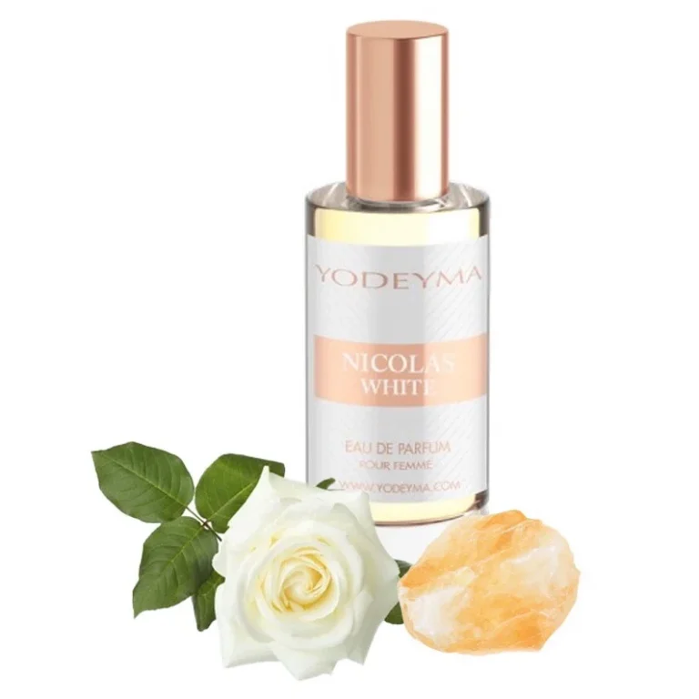 Apa de parfum Yodeyma Nicolas White pentru femei, trandafir alb, cedru alb, 15ml