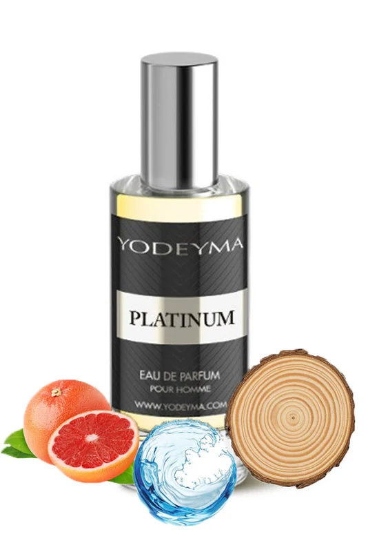 Yodeyma Platinum Mini Apa de parfum pentru barbati, nuante de grapefruit, nota acvatica si lemn, pentru barbatul dinamic si sigur pe sine, 15ml – prezentarea produsului