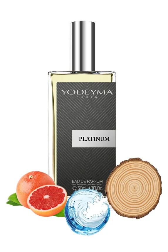 Yodeyma Platinum Apa de parfum pentru barbati, nuante de grapefruit, nota acvatica si lemn, pentru barbatul dinamic si sigur pe sine, 50ml