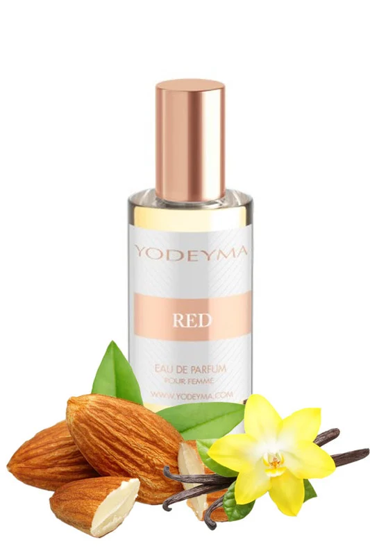 Yodeyma Red Apa de parfum pentru femei, nuante migdale, vanilie si mosc alb, pentru femeia indrazneata si sofisticata, 15ml – prezentarea produsului