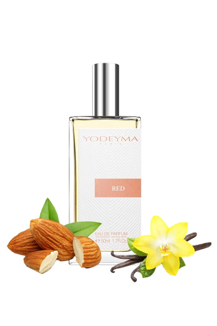 Yodeyma Red Apa de parfum pentru femei, nuante migdale, vanilie si mosc alb, pentru femeia indrazneata si sofisticata, 50ml – prezentarea produsului