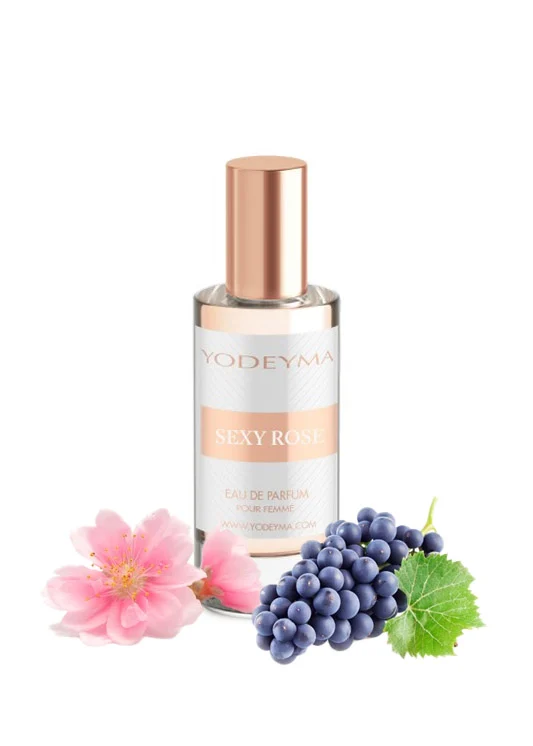 Yodeyma Sexy Rose Apa de parfum pentru femei, nuante de struguri, flori de piersic si mosc alb, pentru femeia seducatoare si plina de farmec, 15ml – prezentarea produsului
