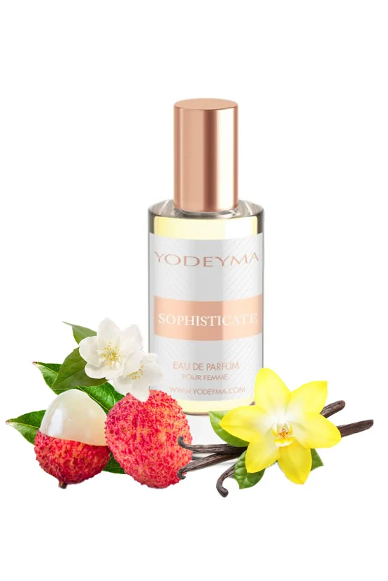 Yodeyma Sophisticate Apa de parfum pentru femei, nuante de licii, iasomie si vanilie, pentru femeia rafinata si sigura pe sine, 15ml – prezentarea produsului
