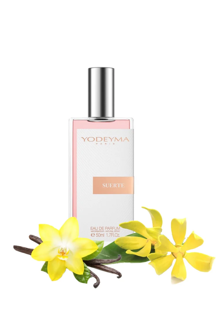 Yodeyma Suerte Apa de parfum pentru femei, nuante de Ylang Ylang, vanilie si mosc alb, dedicata femeii sofisticate si pline de farmec, 50ml – prezentarea produsului