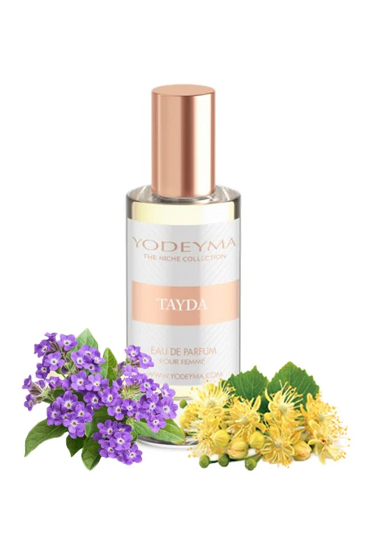 Apa de parfum Yodeyma Tayda pentru femei, nuante de flori de tei, Heliotrop si Ambroxan, este nota perfecta de feminitate moderna si rafinament subtil, 15ml – prezentarea produsului