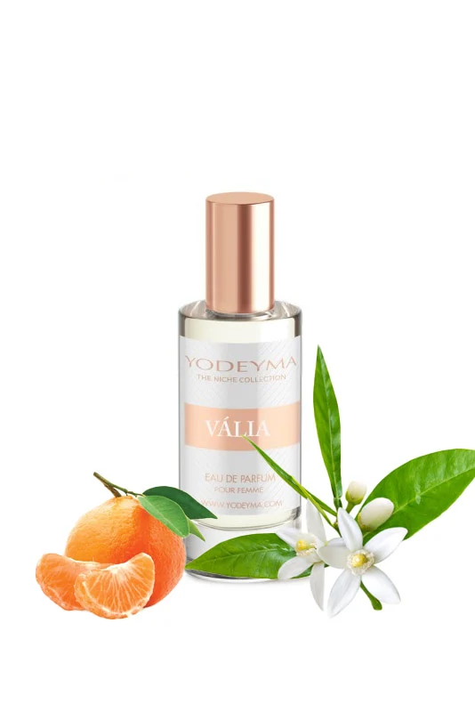 Yodeyma Valia Apa de parfum pentru femei, nuante de mandarin, flori de portocal si arbore de Akigalawood, cu note lemnoase si usor picante, 15ml – prezentarea produsului