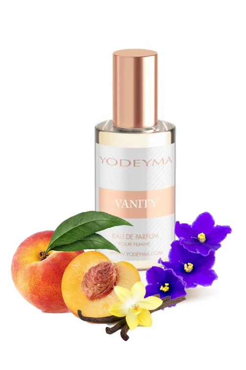 Yodeyma Vanity Apa de parfum pentru femei, nuante de piersica, saintpauli si vanilie, pentru femeia sofisticata si seducatoare, 15ml – prezentarea produsului