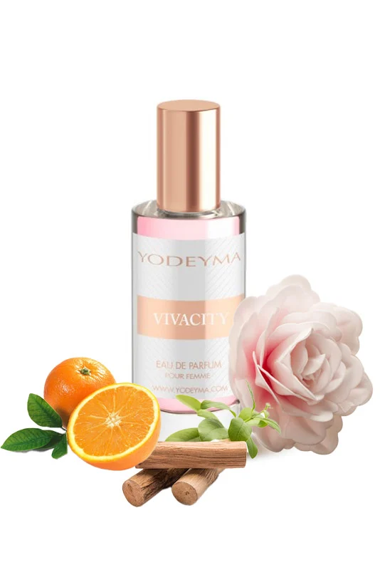 Yodeyma Vivacity Apa de parfum pentru femei, nuante de mandarina, Trandafir de Grasse si Sándal, pentru femeia moderna, plina de viata si rafinament, 15ml – prezentarea produsului