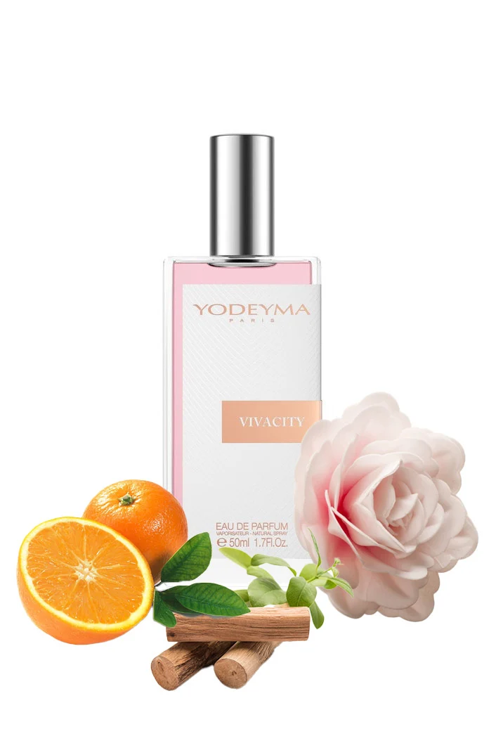Yodeyma Vivacity Apa de parfum pentru femei, nuante de mandarina, Trandafir de Grasse si Sándal, pentru femeia moderna, plina de viata si rafinament, 50ml – prezentarea produsului