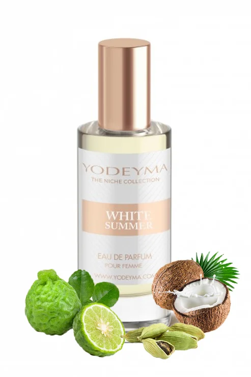 Yodeyma White Summer Apa de parfum pentru femei, nuante de bergamota, cocos si cardamon, un parfum feminin irezistibil, proaspat si exotic, 15ml – prezentarea produsului